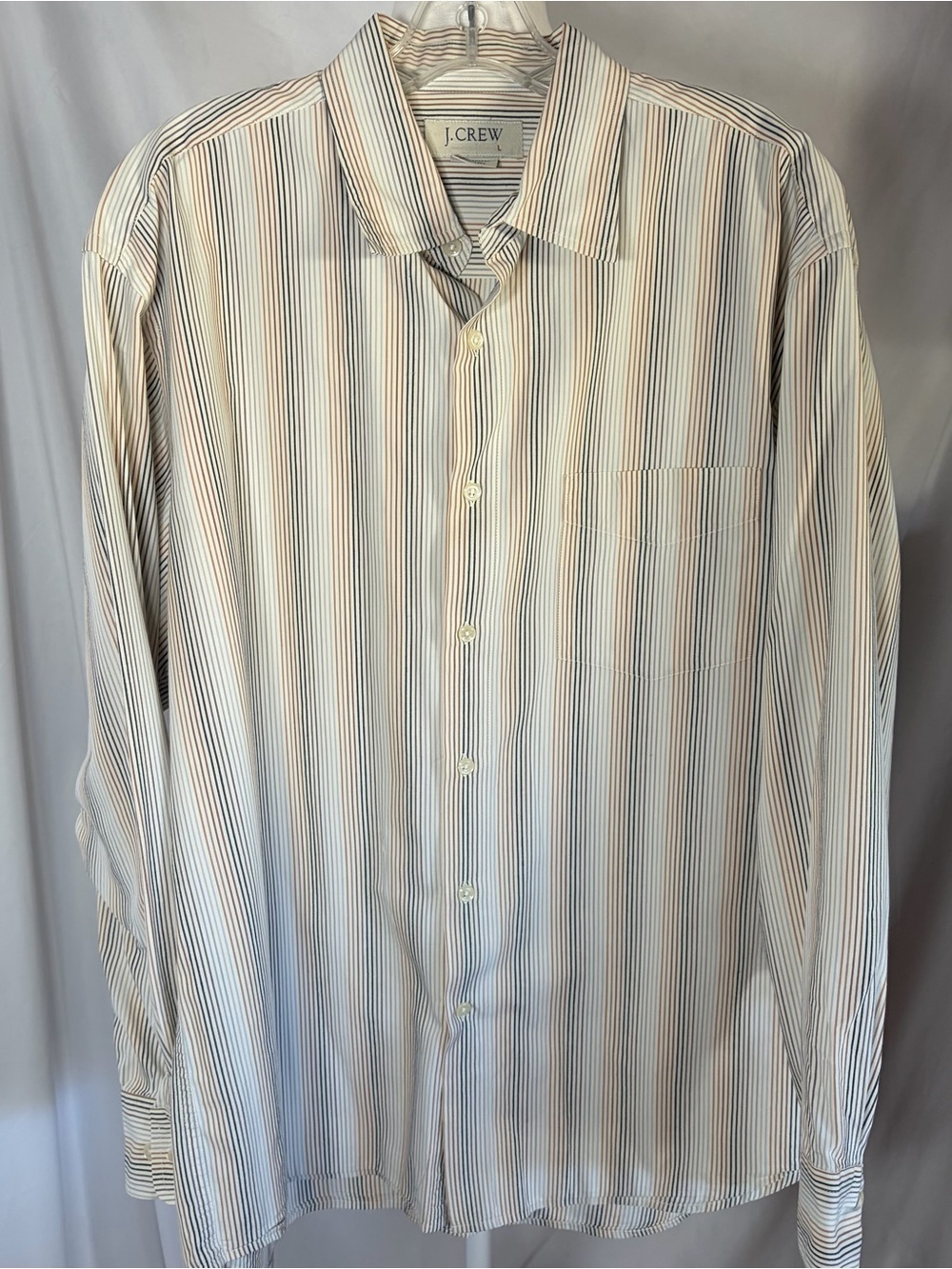 J. Crew Men’s Button-Up Shirt Cream with Gray, Tan, Brown, Black Pinstripes Lrg